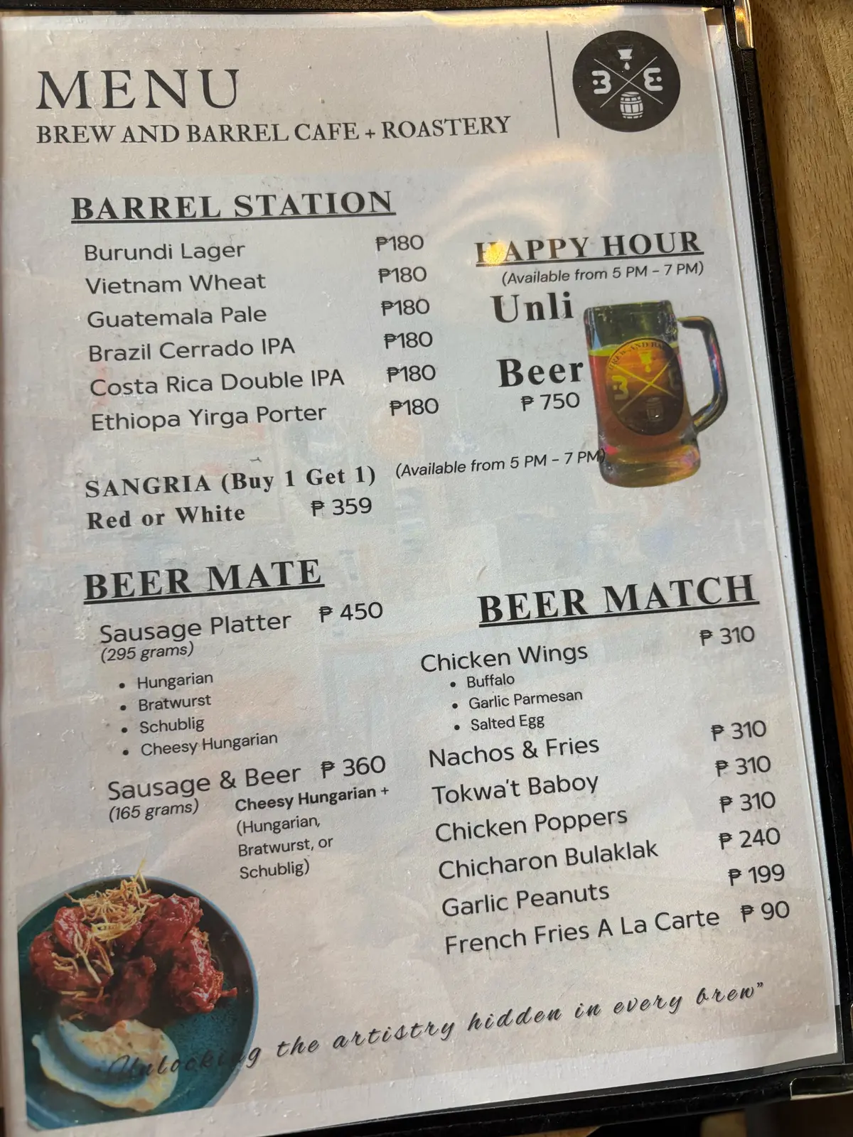 Brew and Barrel menu: barrel station beers, happy hour unli beer and beer matches