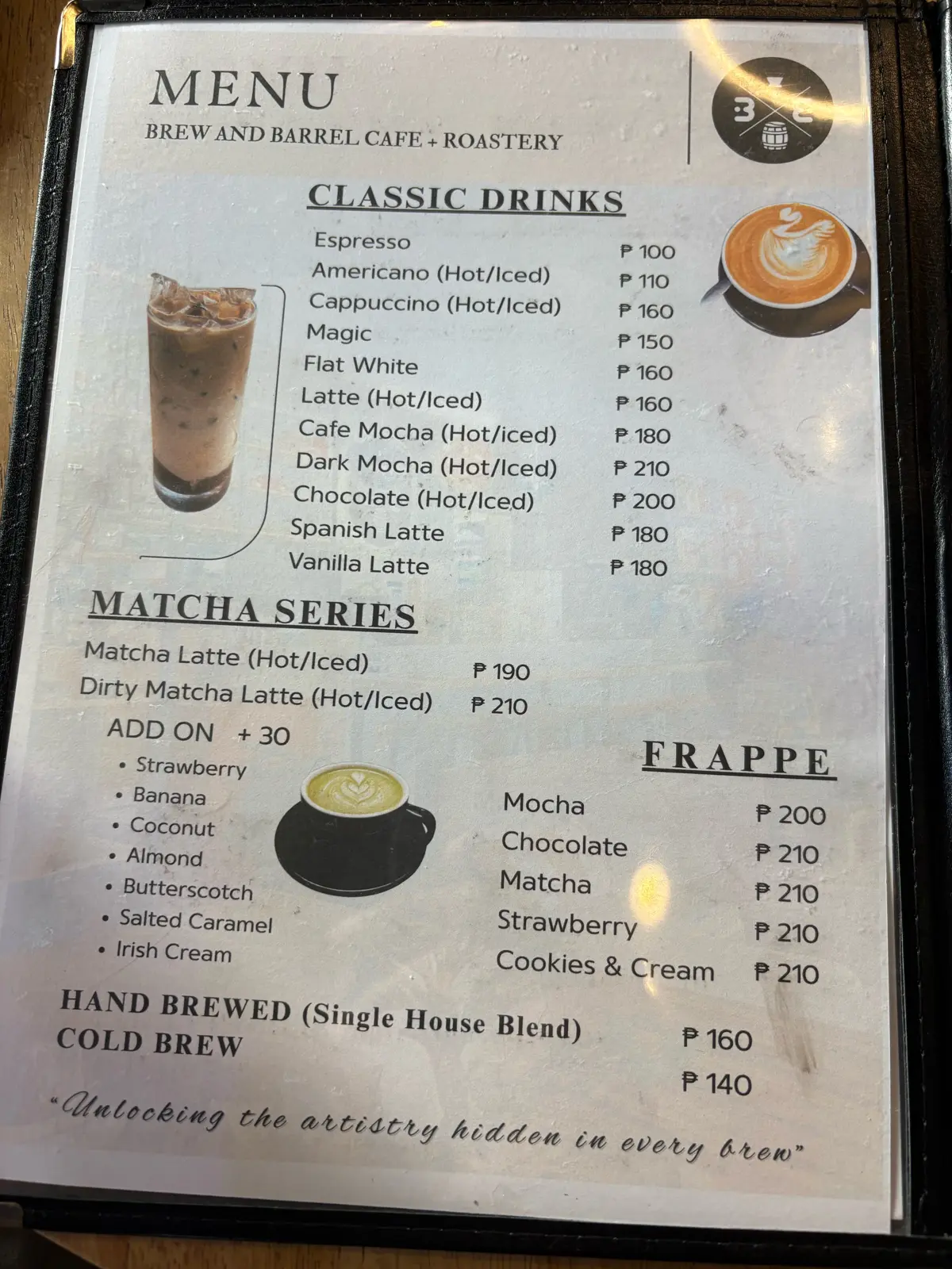 Brew and Barrel menu: classic coffee drinks, matcha series and frappes