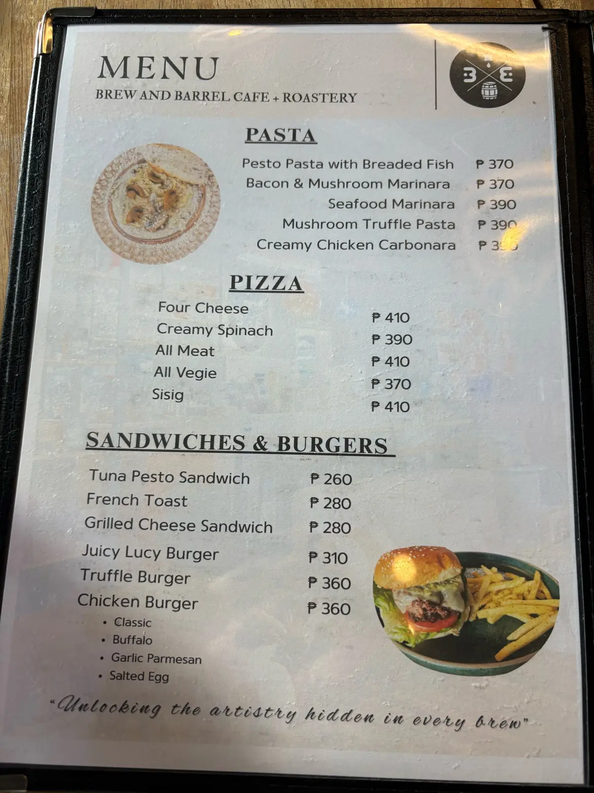 Brew and Barrel menu: pasta, pizza, sandwiches and burgers