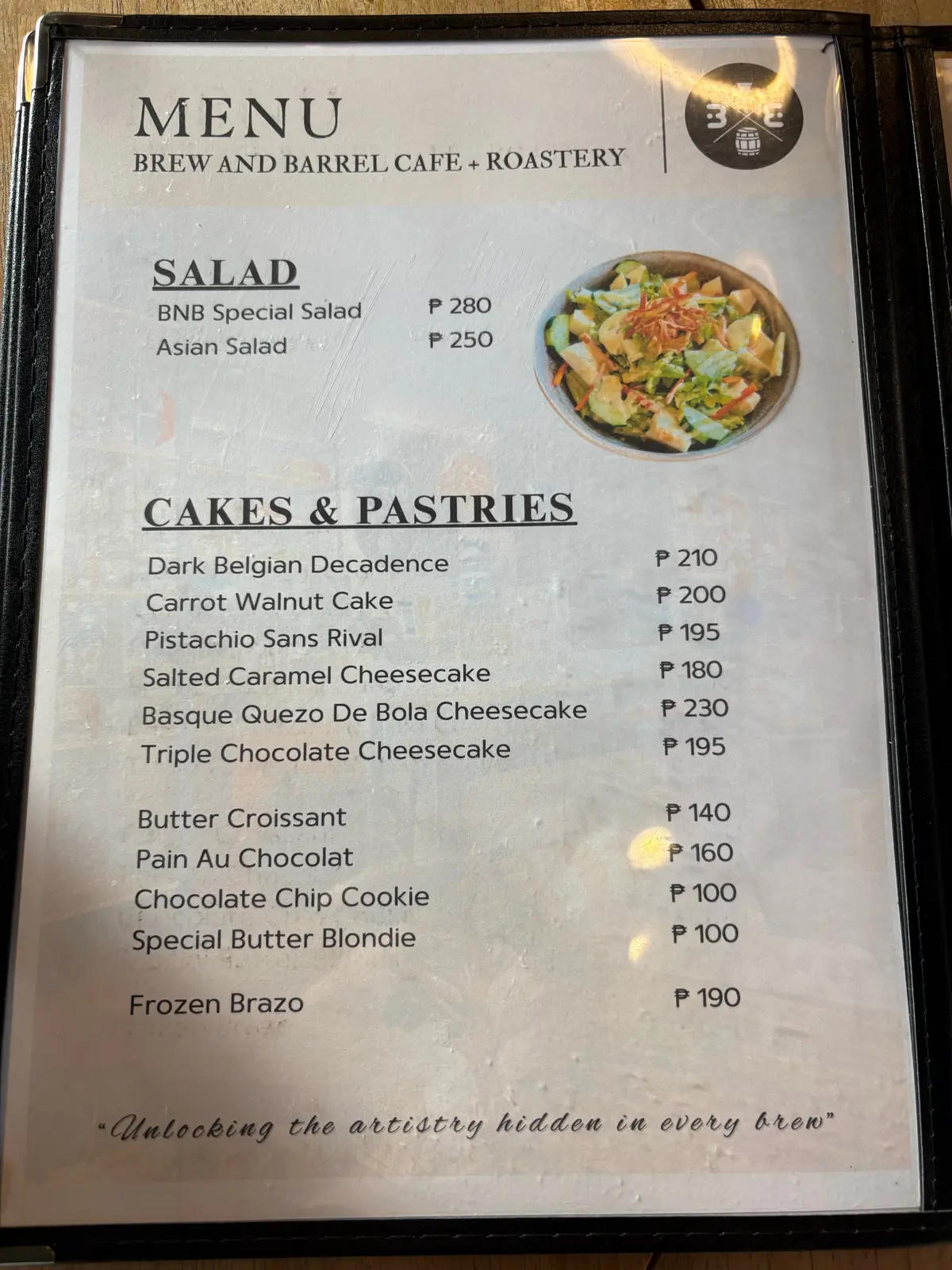 Brew and Barrel menu: salads, cakes and pastries