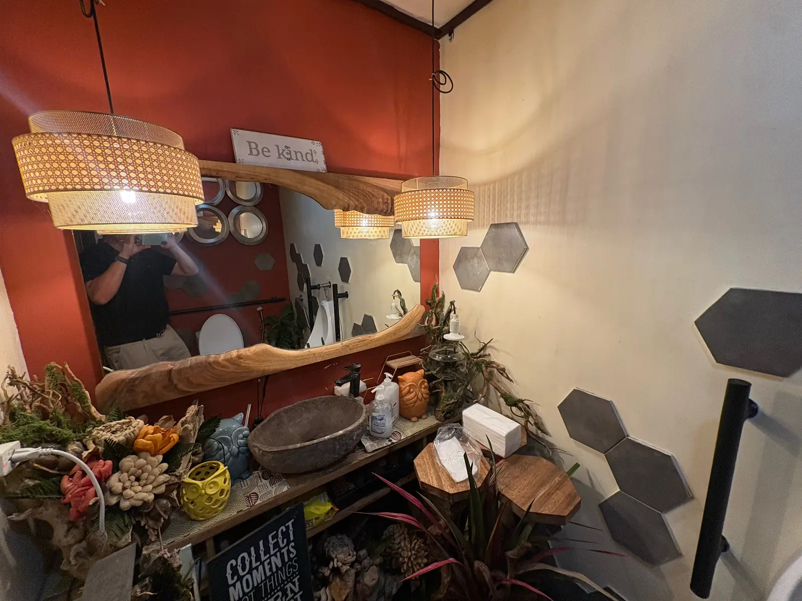 Rattan lamps and plants by the wash corner at Brew and Barrel New Manila