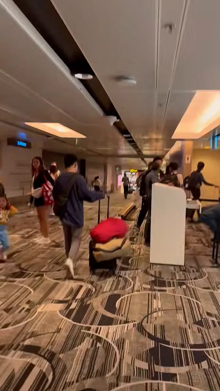 Family walking with their luggage through the carpeted arrival hall at Singapore Changi Airport