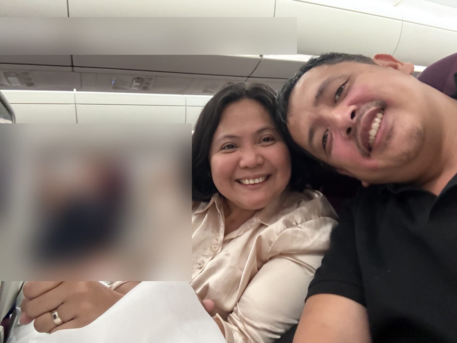 Paolo and Rosed selfie on the Qatar Airways flight from Doha to Zurich