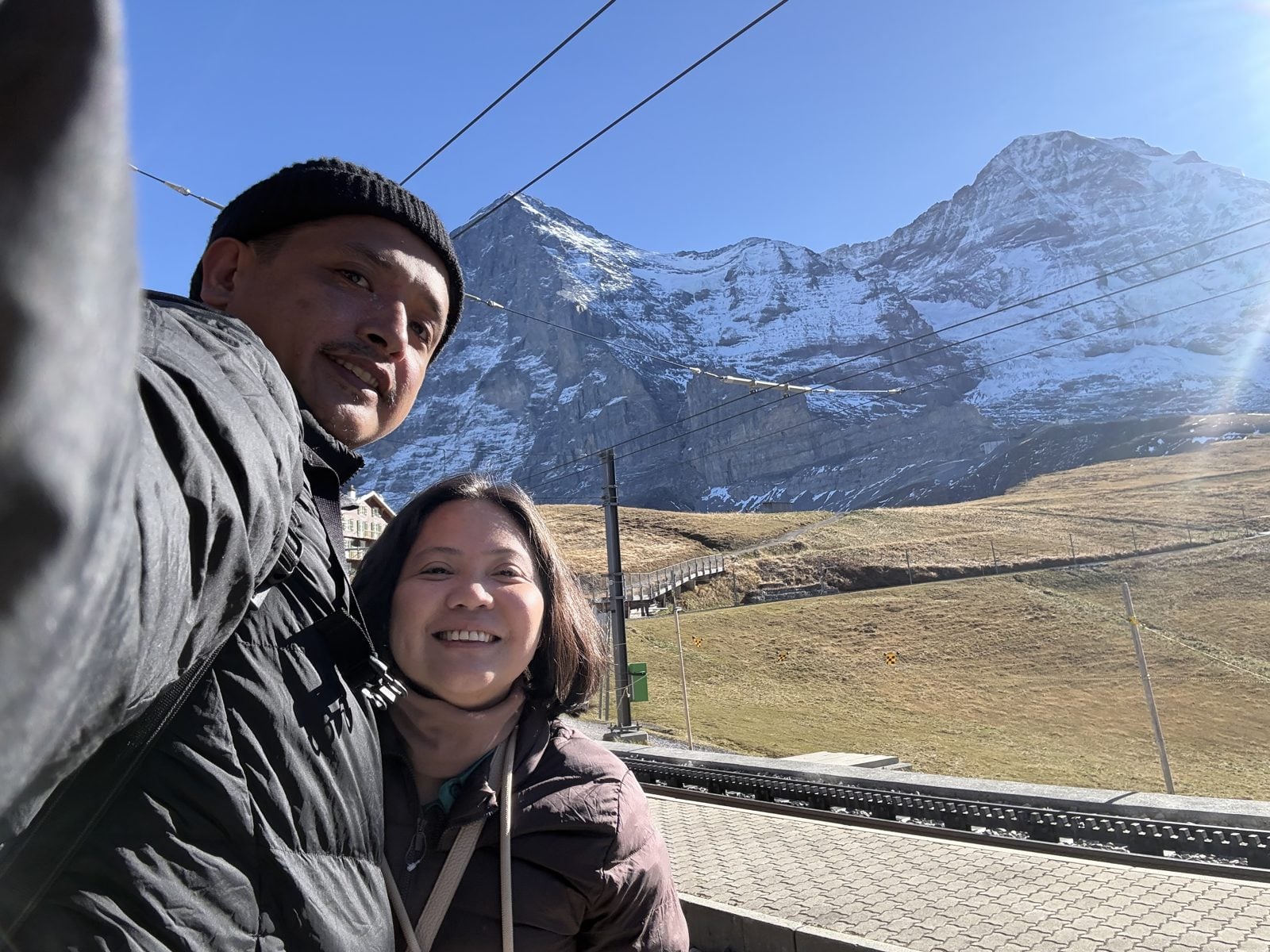 Selfie on the Kleine Scheidegg station platform, with the Eiger north face behind