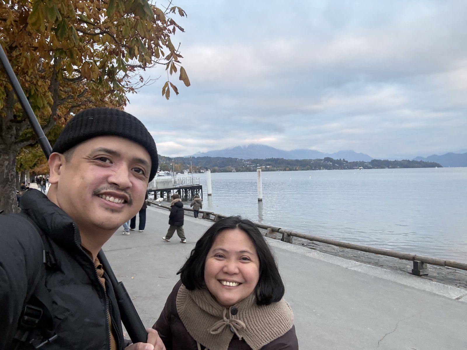 Paolo and Dimple on the Lake Lucerne promenade in autumn