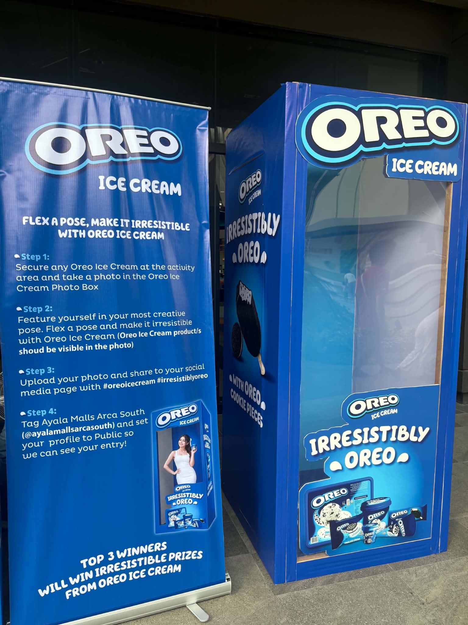 Oreo Ice Cream photo box and mechanics banner at Ayala Malls Arca South