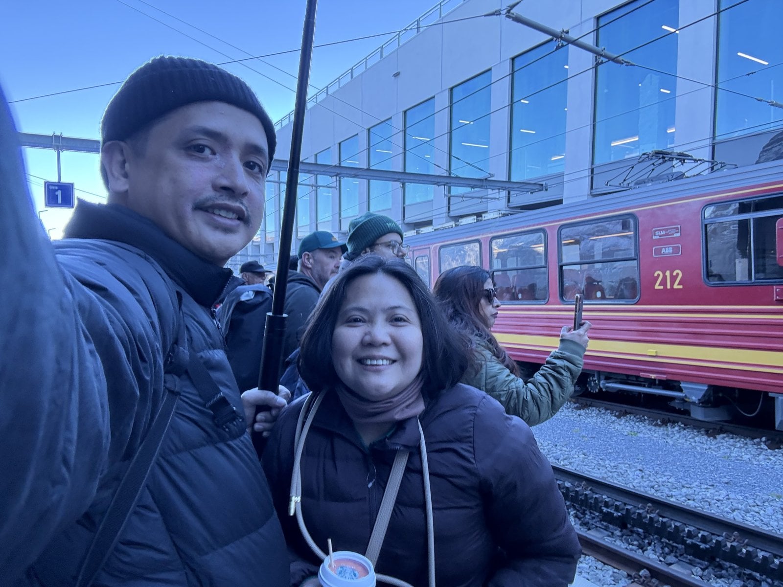 Paolo and Dimple at Eigergletscher station with the train to Kleine Scheidegg