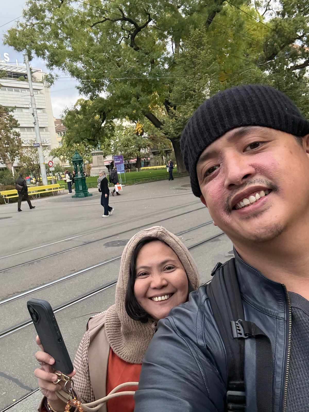 Paolo and Dimple by the tram tracks on Bahnhofstrasse in Zurich