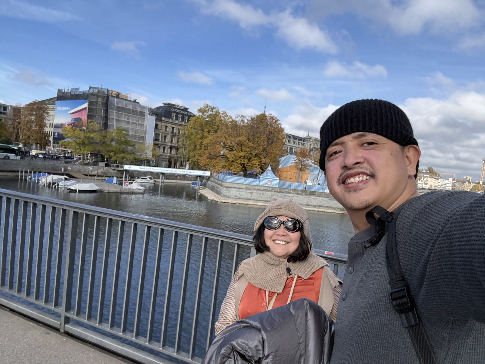 Dimple and Paolo on a bridge over the Limmat in Zurich