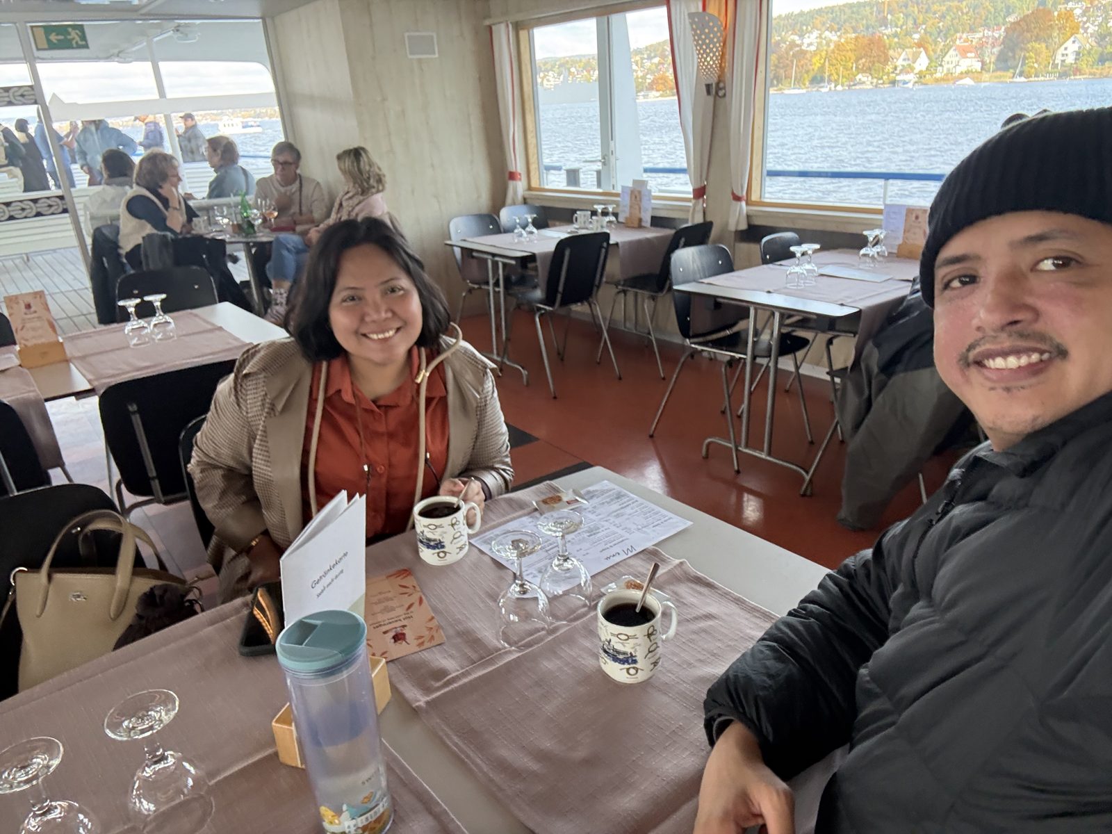 Coffee inside by the big lake windows