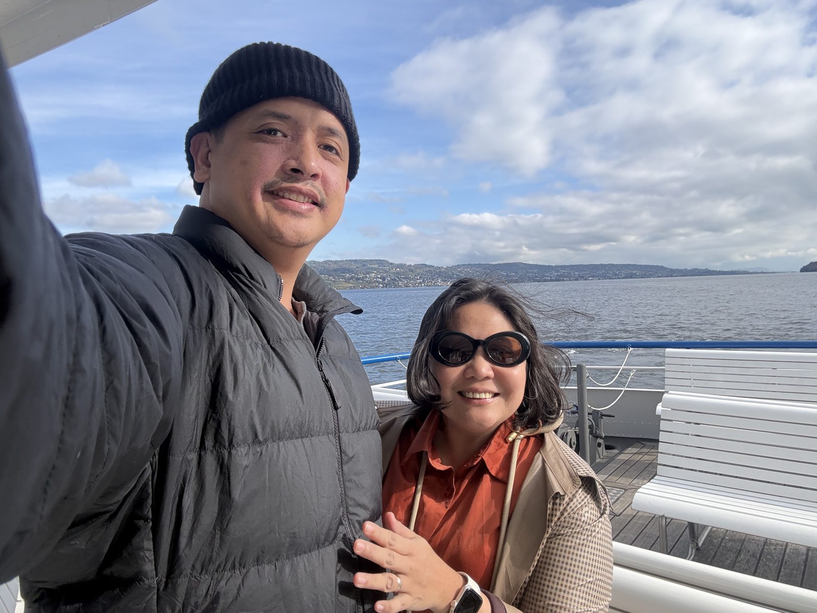 Windy but sunny on the Lake Zurich boat deck