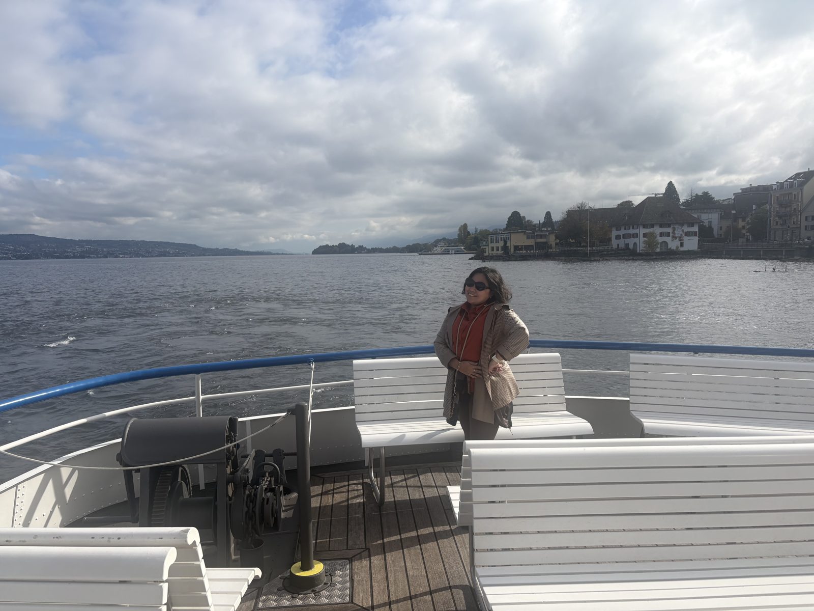 Dimple on deck looking at the lakeshore villages