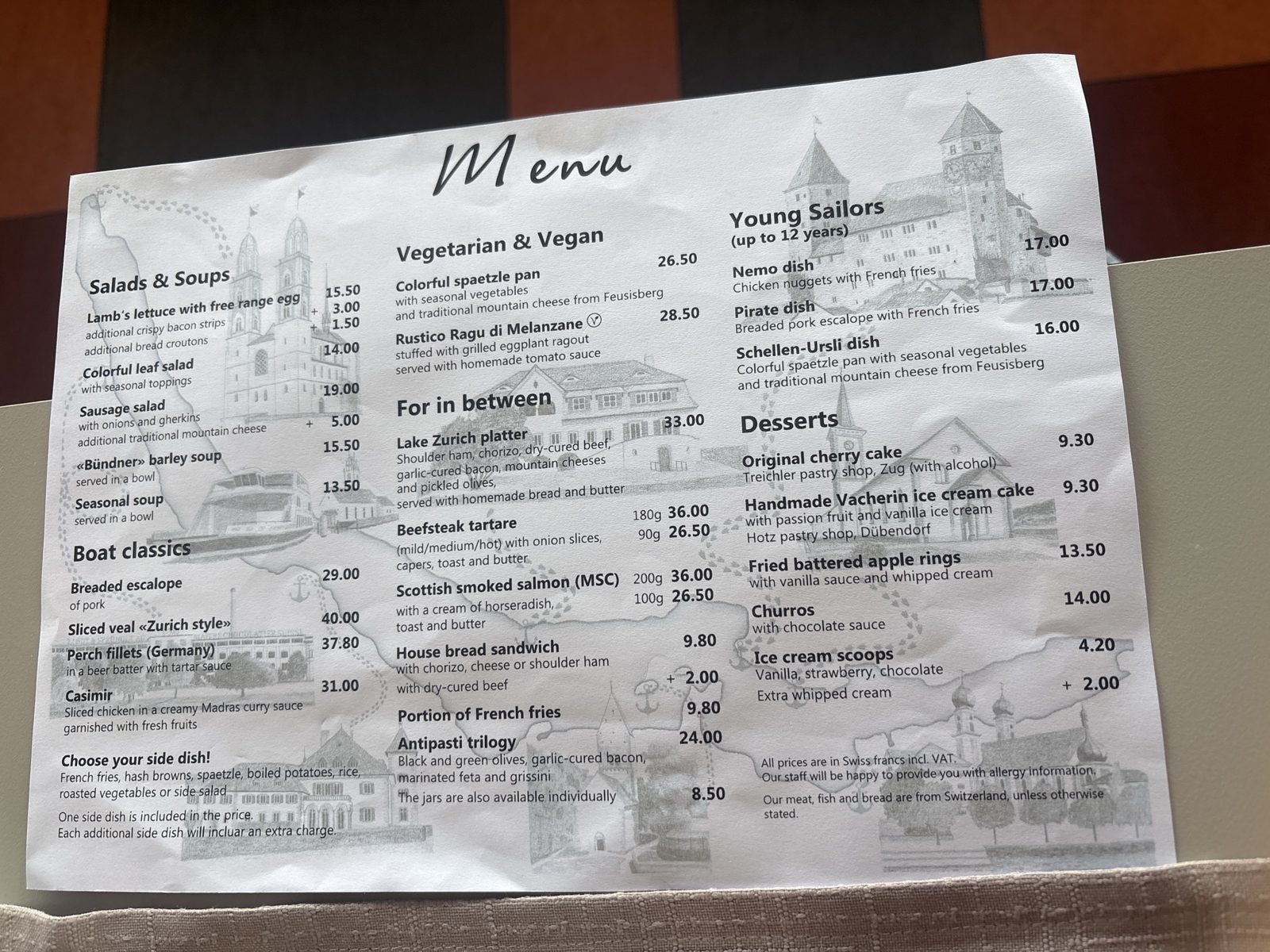 Lake Zurich cruise boat food menu with boat classics, desserts and the handmade vacherin ice cream cake